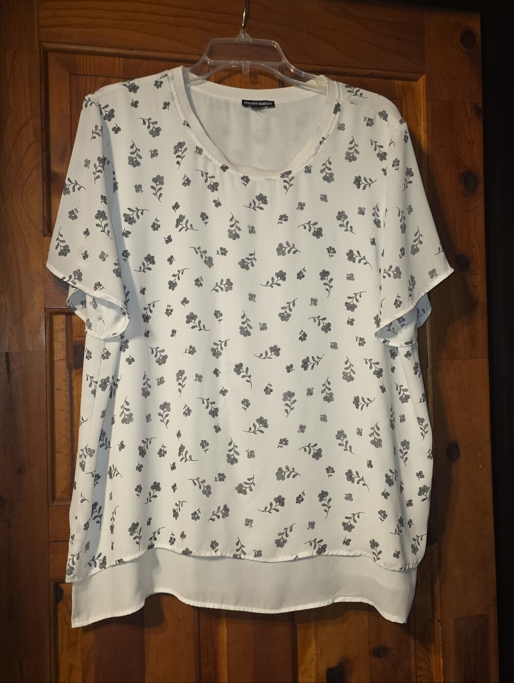 Hilary Radley XL White Floral Print Short Sleeve Lightweight Blouse